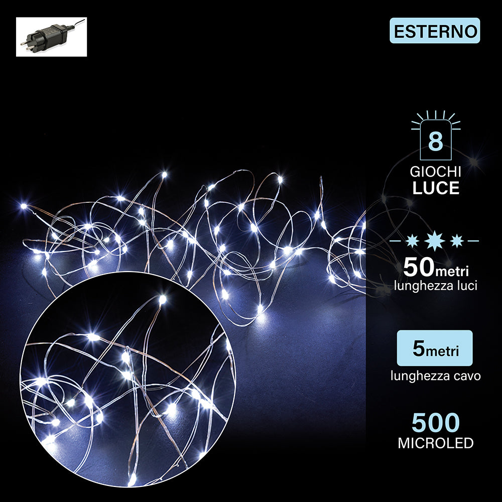 Filo 500 microled bianco freddo, 8 giochi luce,uso esterno, 50 m 8,4W