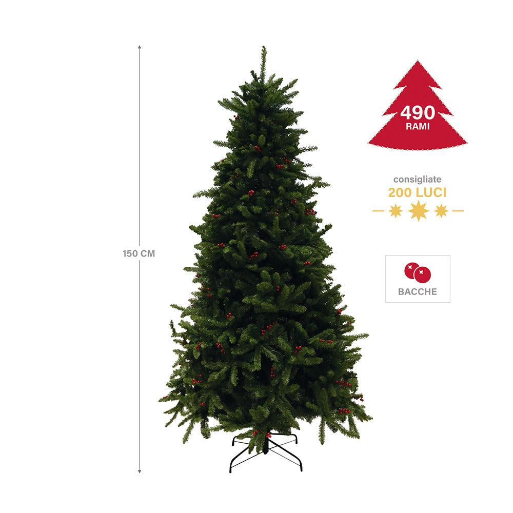 Albero di Natale con bacche rosse 490 rami h.150 cm, Nevada