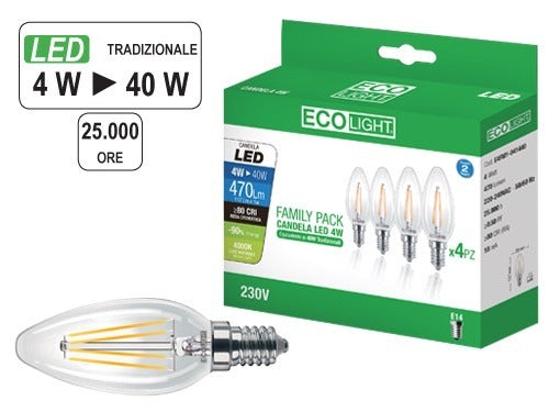 kit 4 lampadine a led con filamento oliva E14 EcoLight 4W