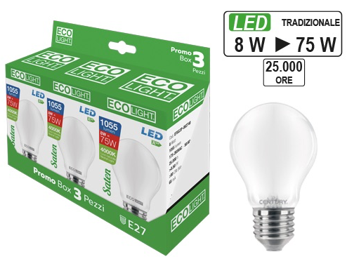 Kit 3 Lampadine a LED Globo E27 EcoLight 8W