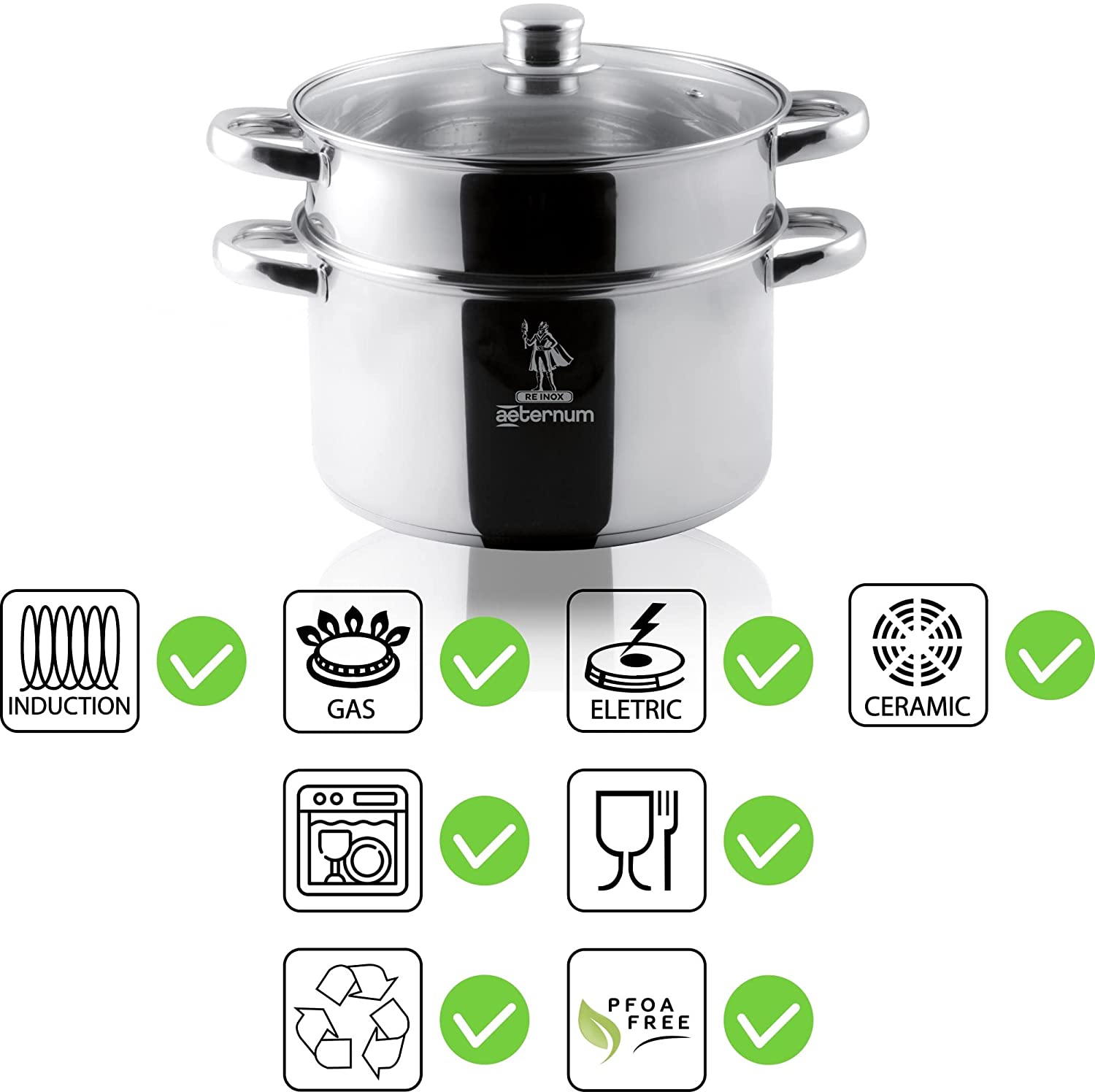 Vaporiera pentola con cestello in acciaio e coperchio in vetro Aeternum