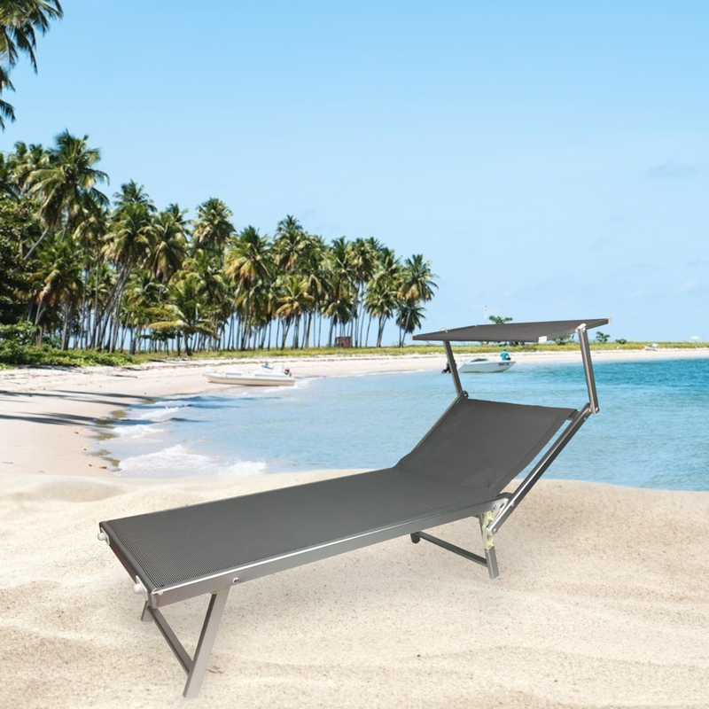 Lettino da spiaggia mare con tettuccio pieghevole alluminio prendisole