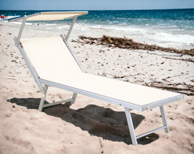 Lettino da spiaggia mare con tettuccio pieghevole alluminio prendisole Rimini Bianco