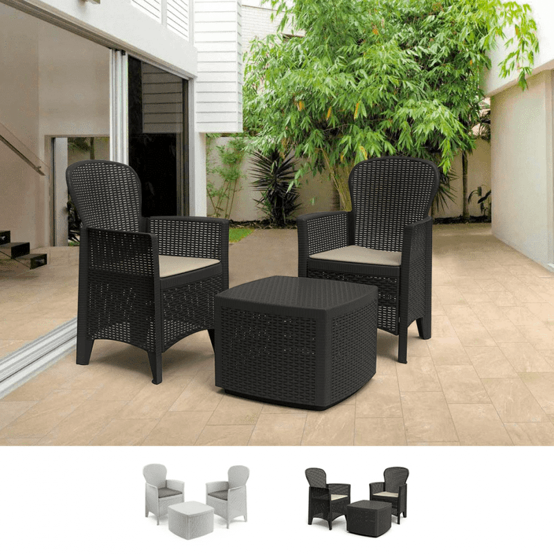 Salotto set da giardino esterno due poltrone e tavolino contenitore effetto rattan antracite Tree