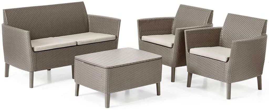 Salotto arredo completo di tavolo contenitore divano e poltrone Set Rattan Salemo  Cappuccino Keter
