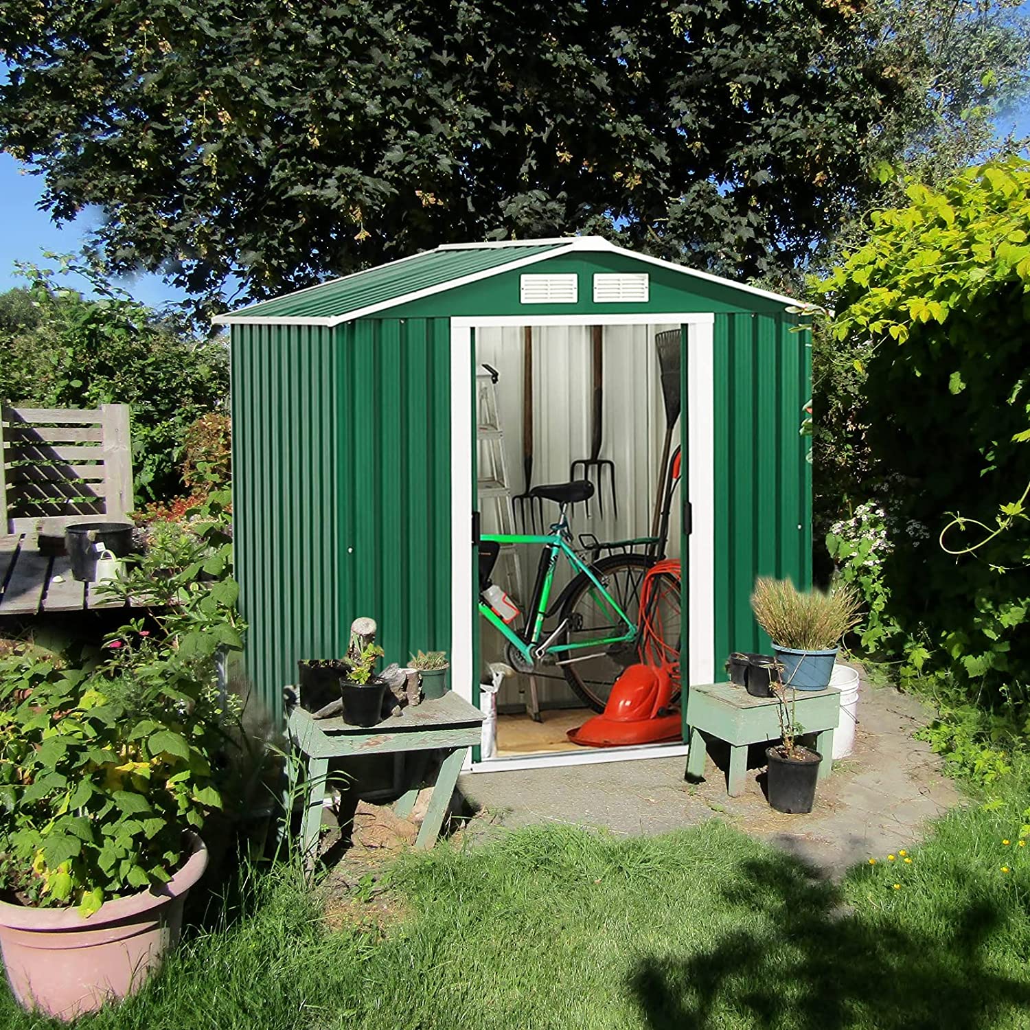 Casetta box deposito porta attrezzi in lamiera cm 277x191 verde con 2 po