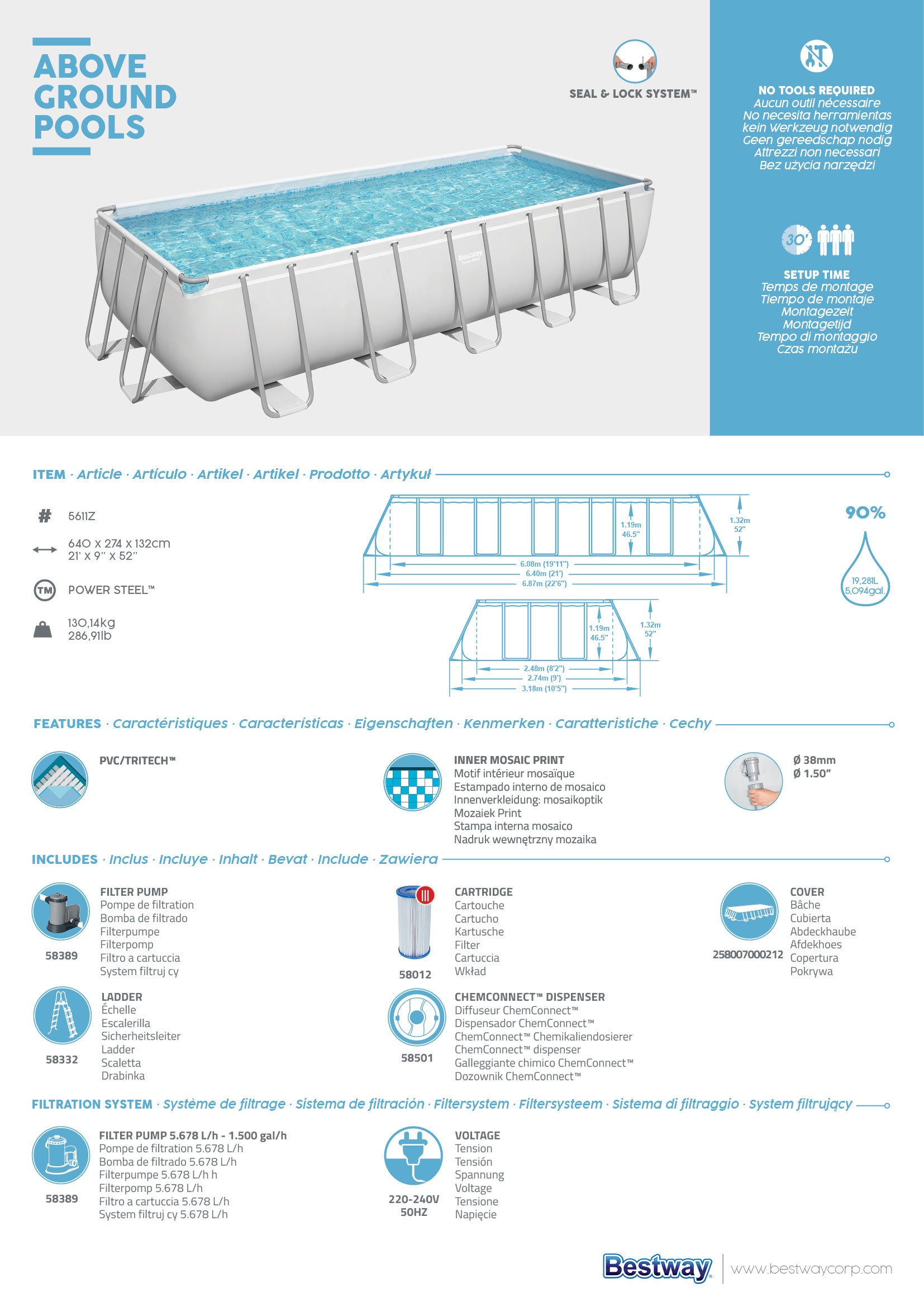 Piscina fuori terra rettangolare Power Steel 640x274x132 cm Bestway 5611