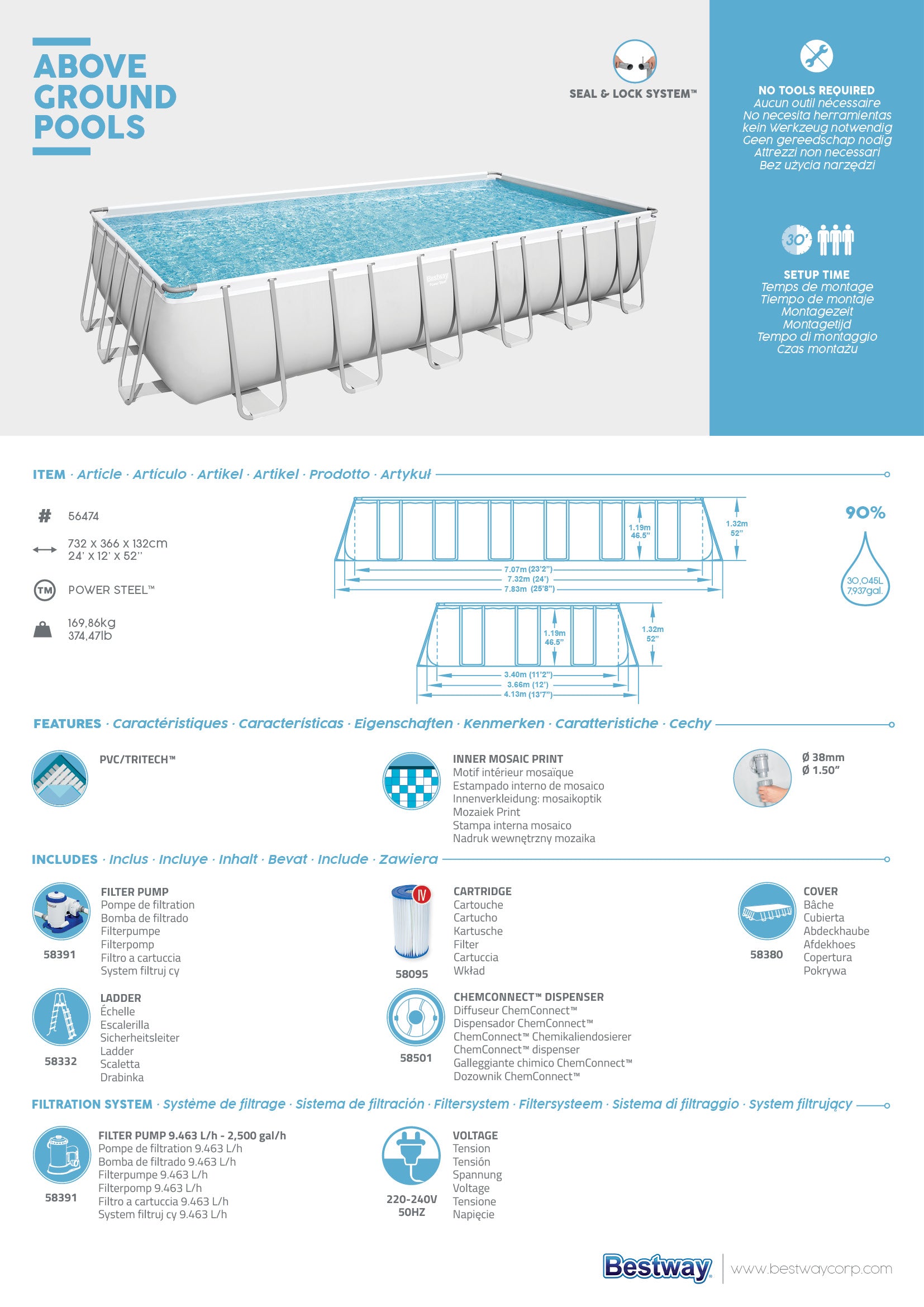 Piscina Power Steel Rettangolare cm 488X244X122 Bestway 56670