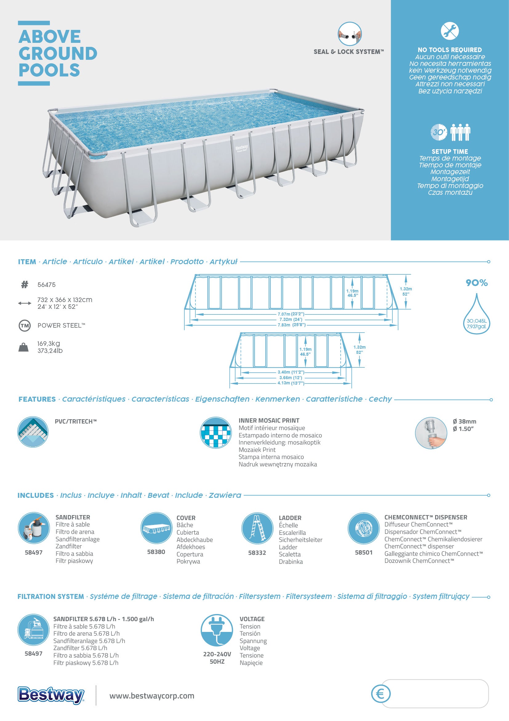 Piscina rettangolare con struttura Power Steel Frame 732X366X132 Bestway 56475