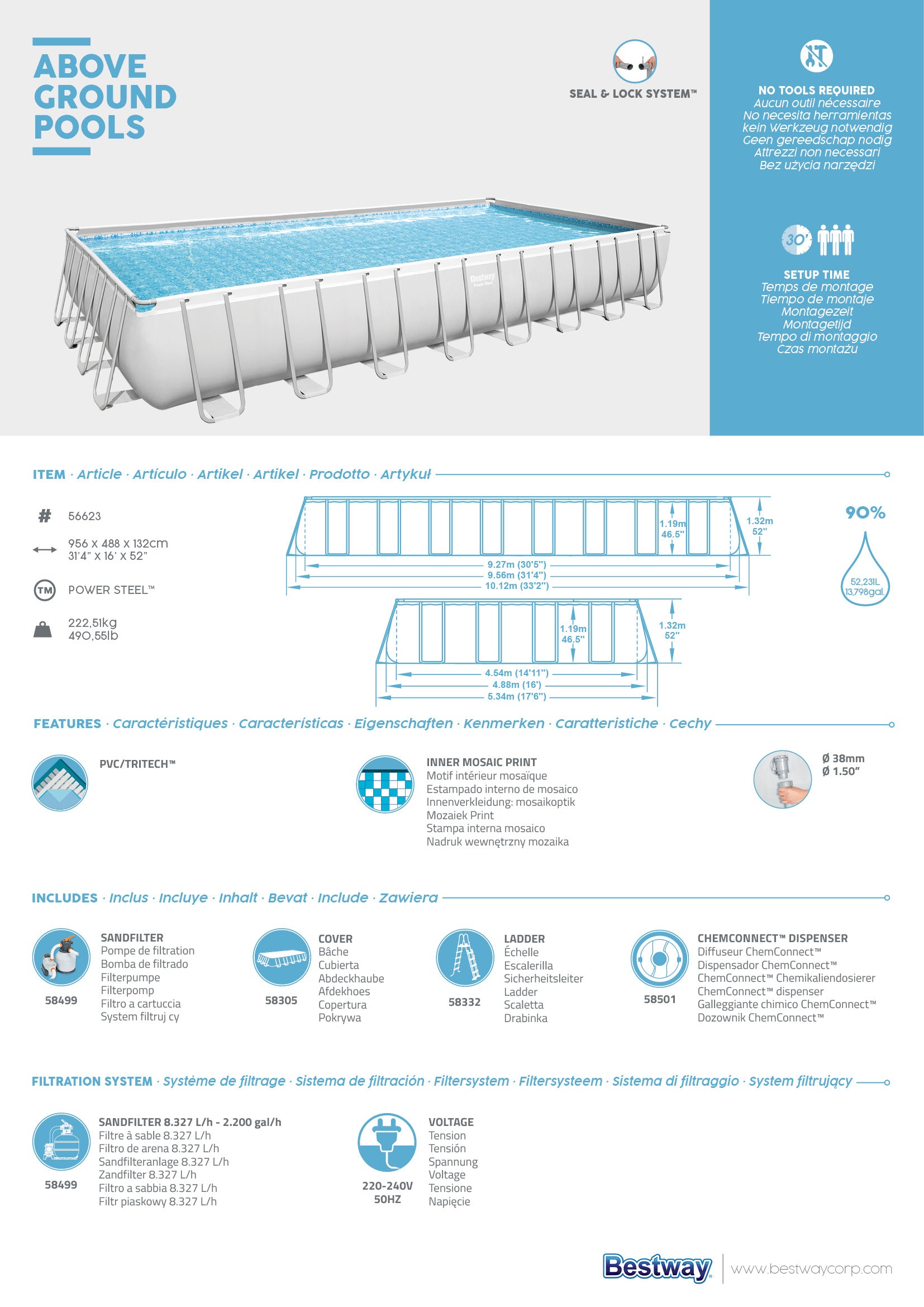Piscina fuori terra rettangolare Power Steel 956x488x132 cm Bestway 56623