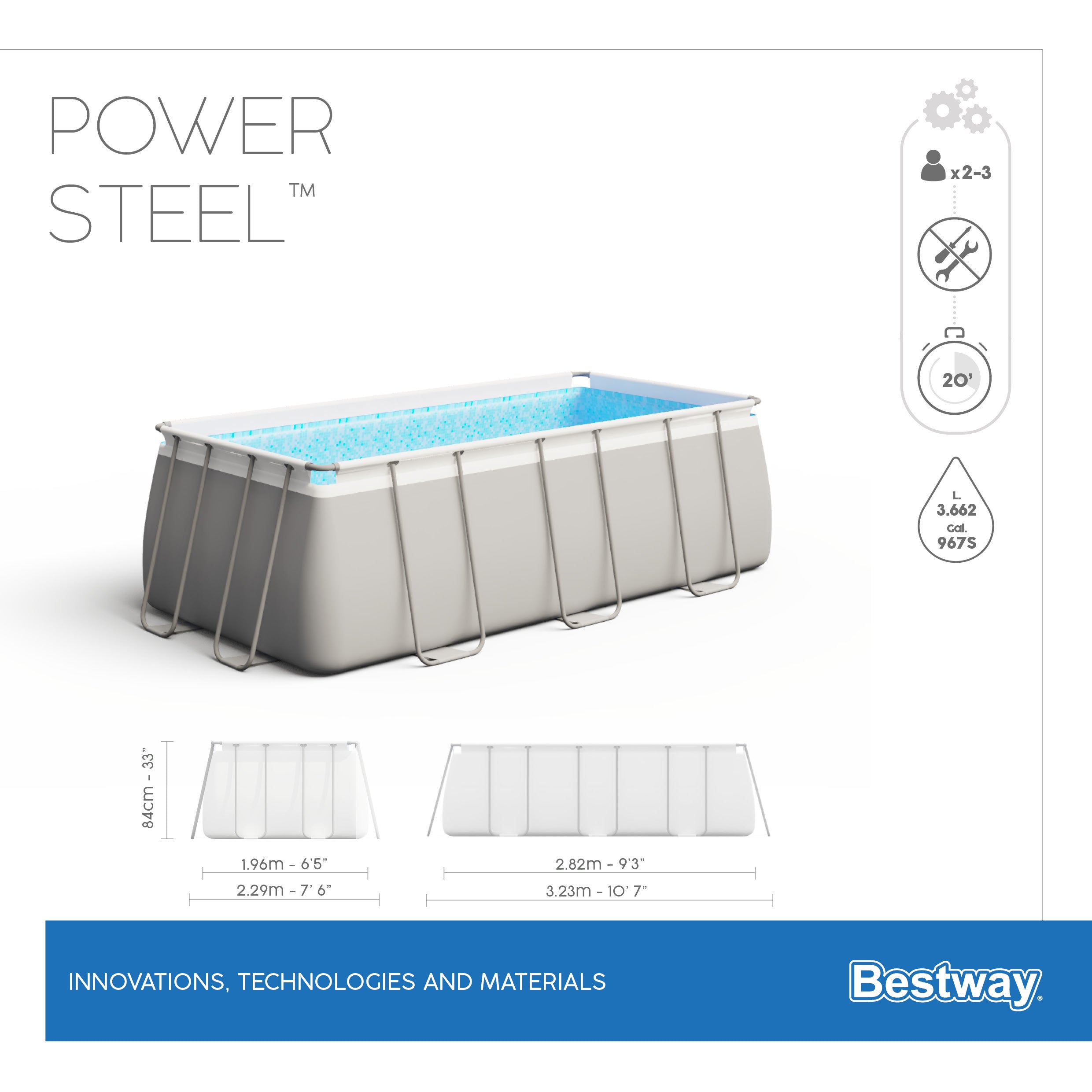 Piscina rettangolare 282x196x84 Power Steel Frame con Struttura Metallica 56629