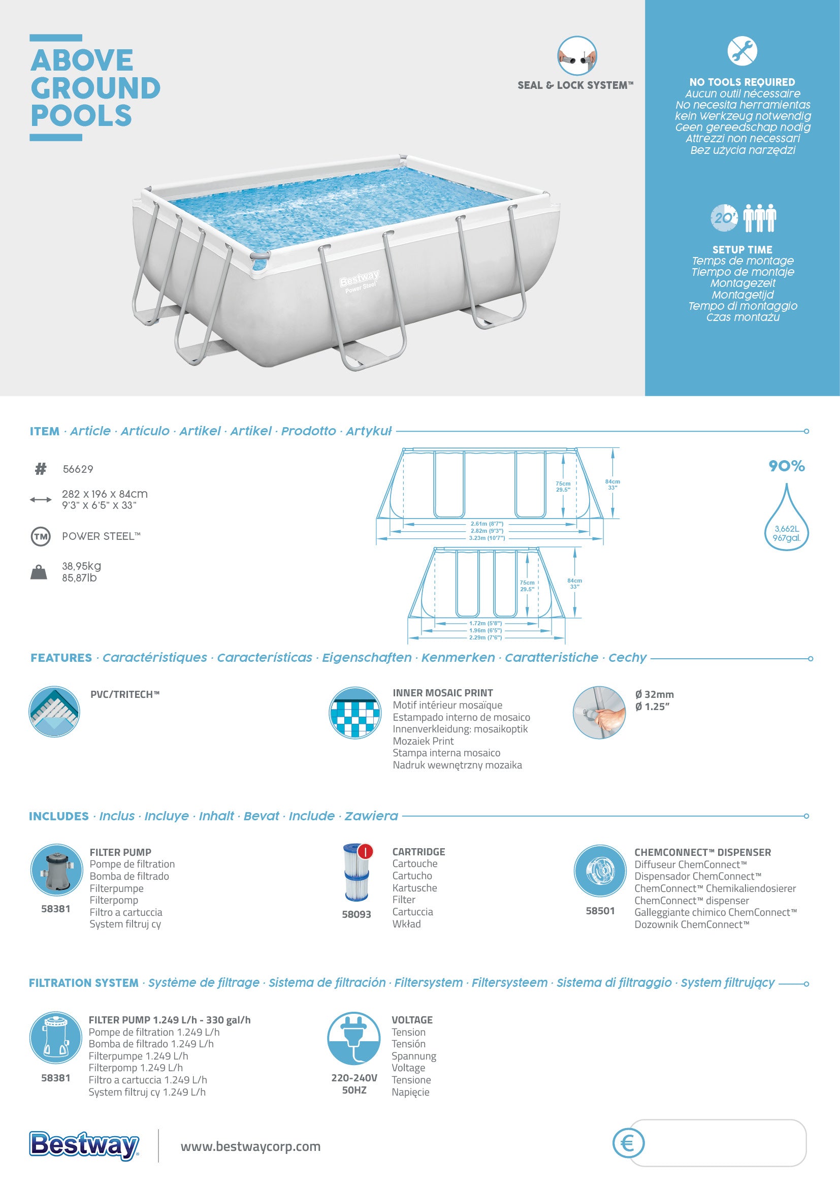 Piscina rettangolare 282x196x84 Power Steel Frame con Struttura Metallica 56629