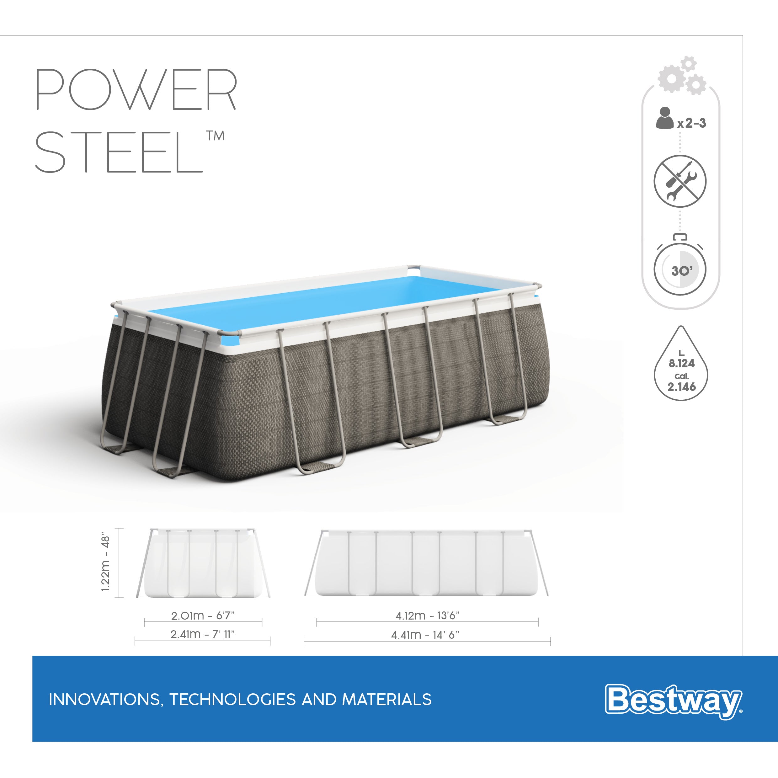 Piscina con struttura rettangolare rattan 4.12m x 2.01m x 1.22m Power Steel Bestway 56722