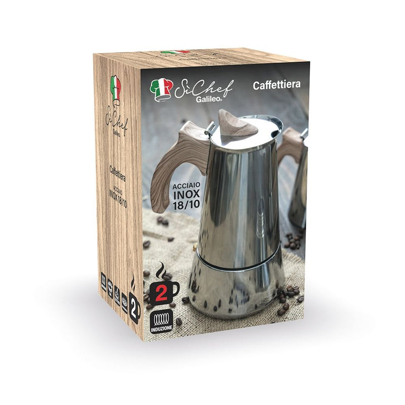 Caffettiera moka caffè in acciaio inox manico softtouch effetto legno