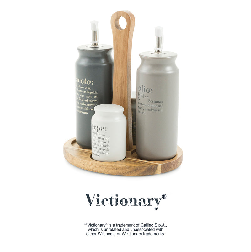 Set olio, aceto, sale e pepe in gres, stand in bamboo, Victionary