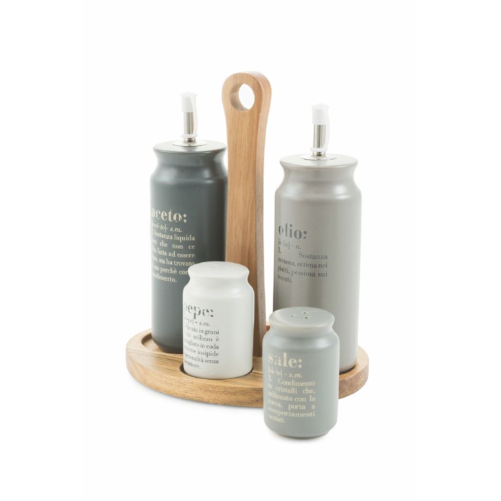 Set olio, aceto, sale e pepe in gres, stand in bamboo, Victionary