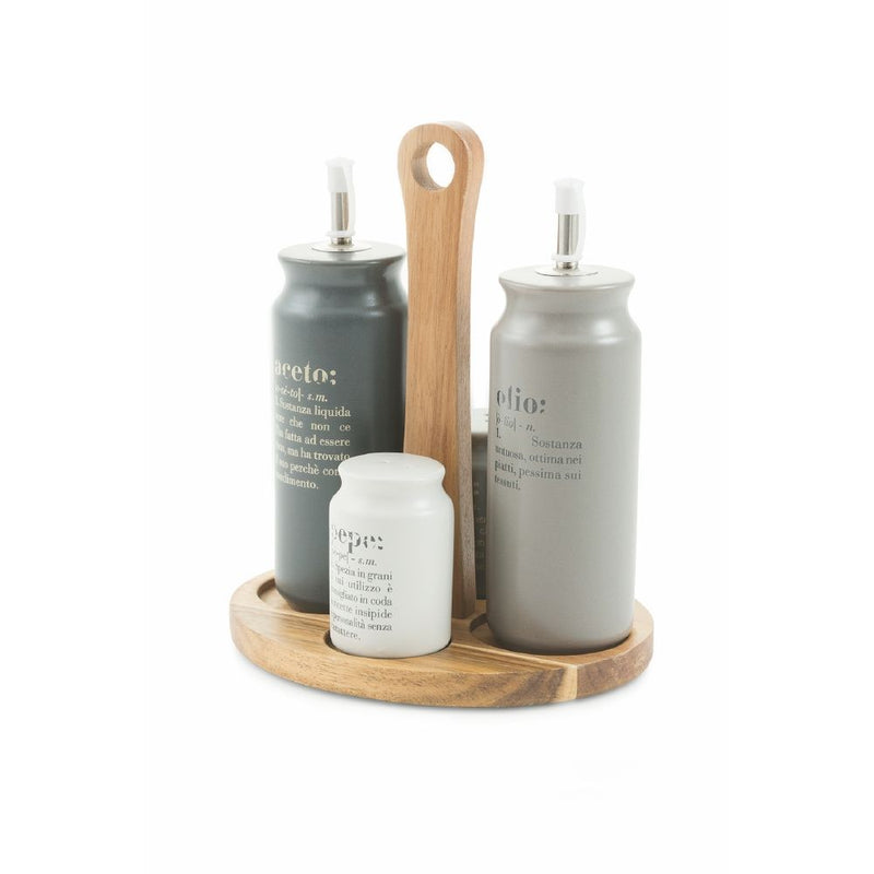 Set olio, aceto, sale e pepe in gres, stand in bamboo, Victionary
