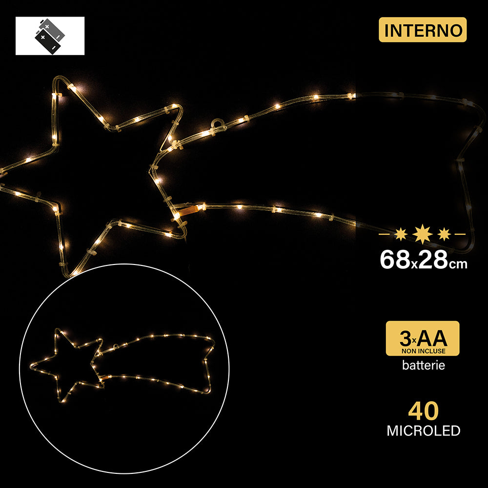 Insegna luminosa Stella Cometa 40 microled abatteria, bianco caldo, uso interno 68x28 cm