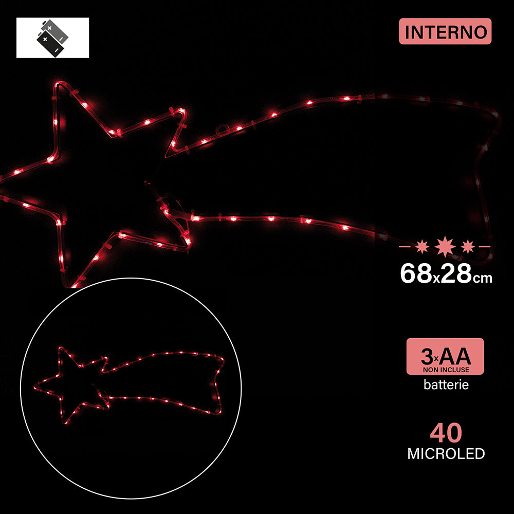 Decorazione insegna luminosa Stella Cometa 40 microled a batteria uso interno 68x28 cm