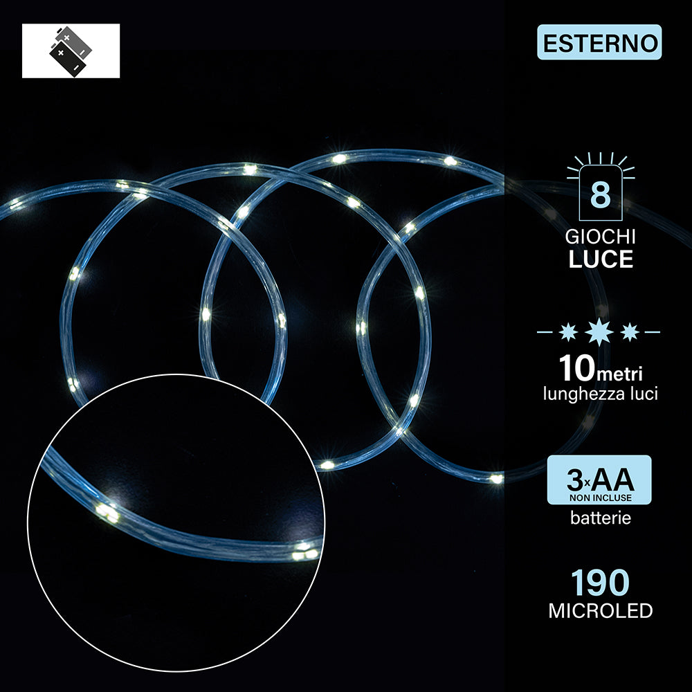 Luci natalizie tubo con 190 microled a batteria 8 giochi luce per uso esterno 10 metri