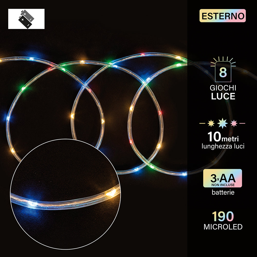 Luci natalizie tubo con 190 microled a batteria 8 giochi luce per uso esterno 10 metri