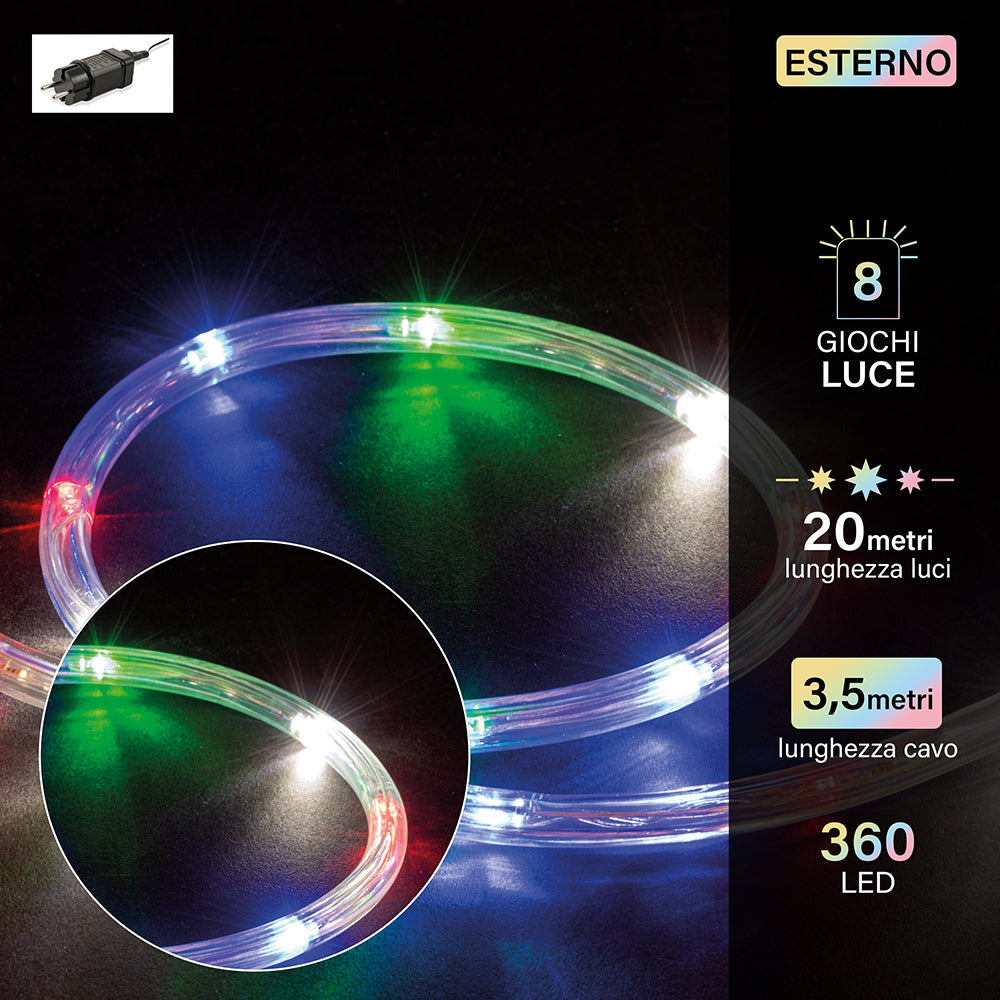 Tubo luminoso 20 metri con 360 luci led bianco freddo 8 giochi luce per uso esterno