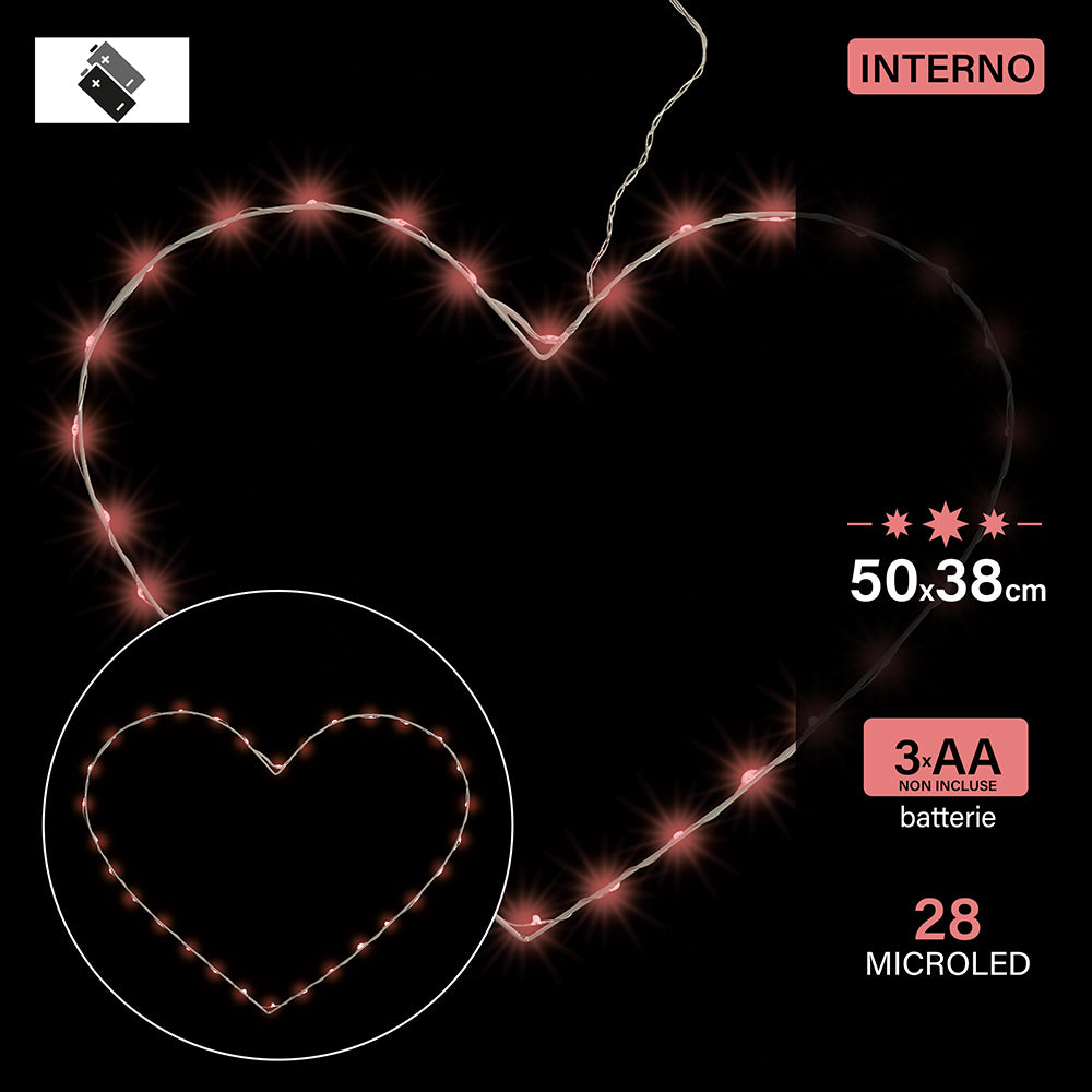 Cuore 28 microled a batteria rosso, uso interno50x38 cm