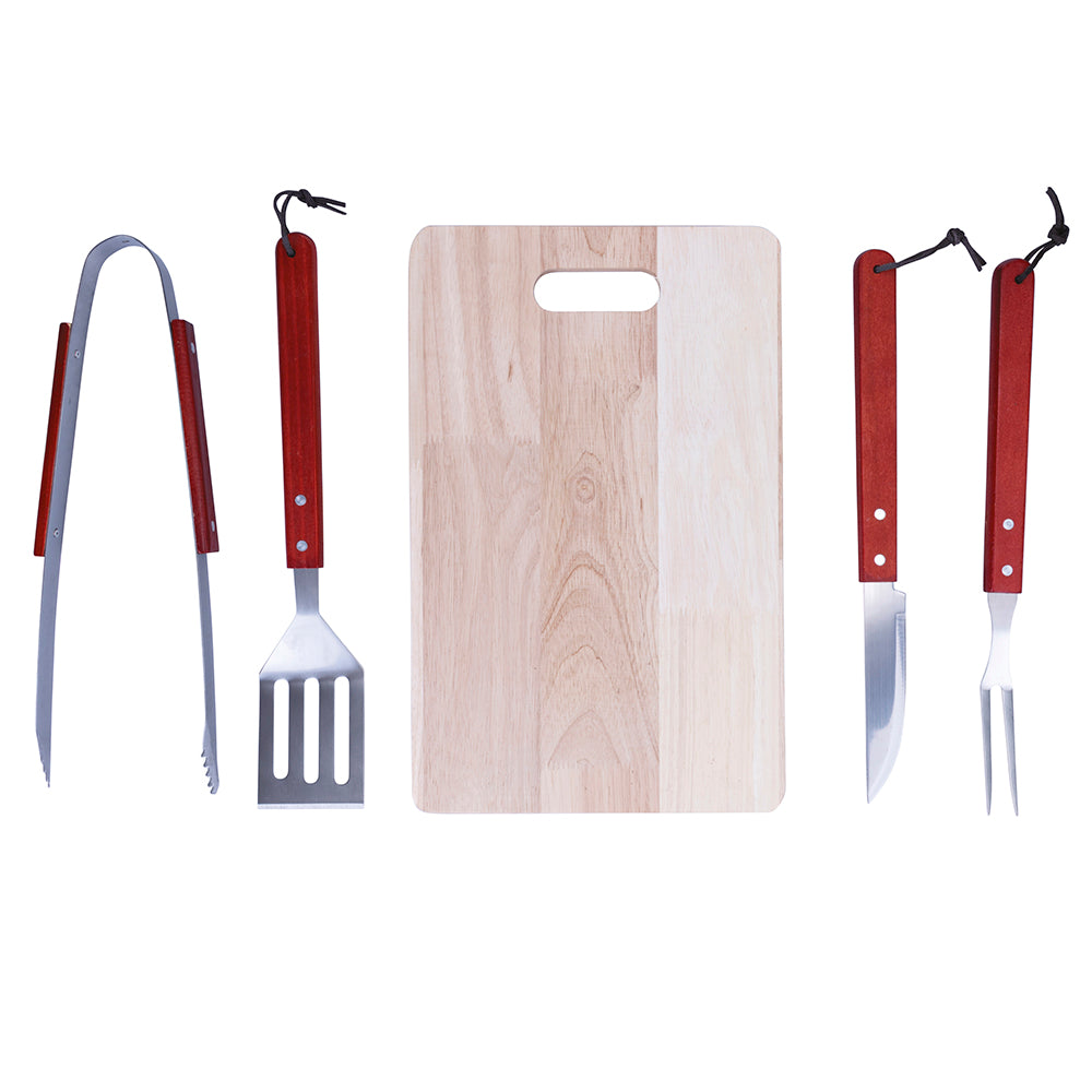 Set barbecue 4 utensili in acciaio e legnoe 1 tagliere in legno, BestBQ