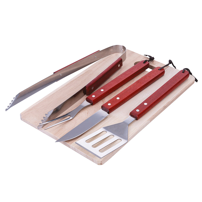 Set barbecue 4 utensili in acciaio e legnoe 1 tagliere in legno, BestBQ