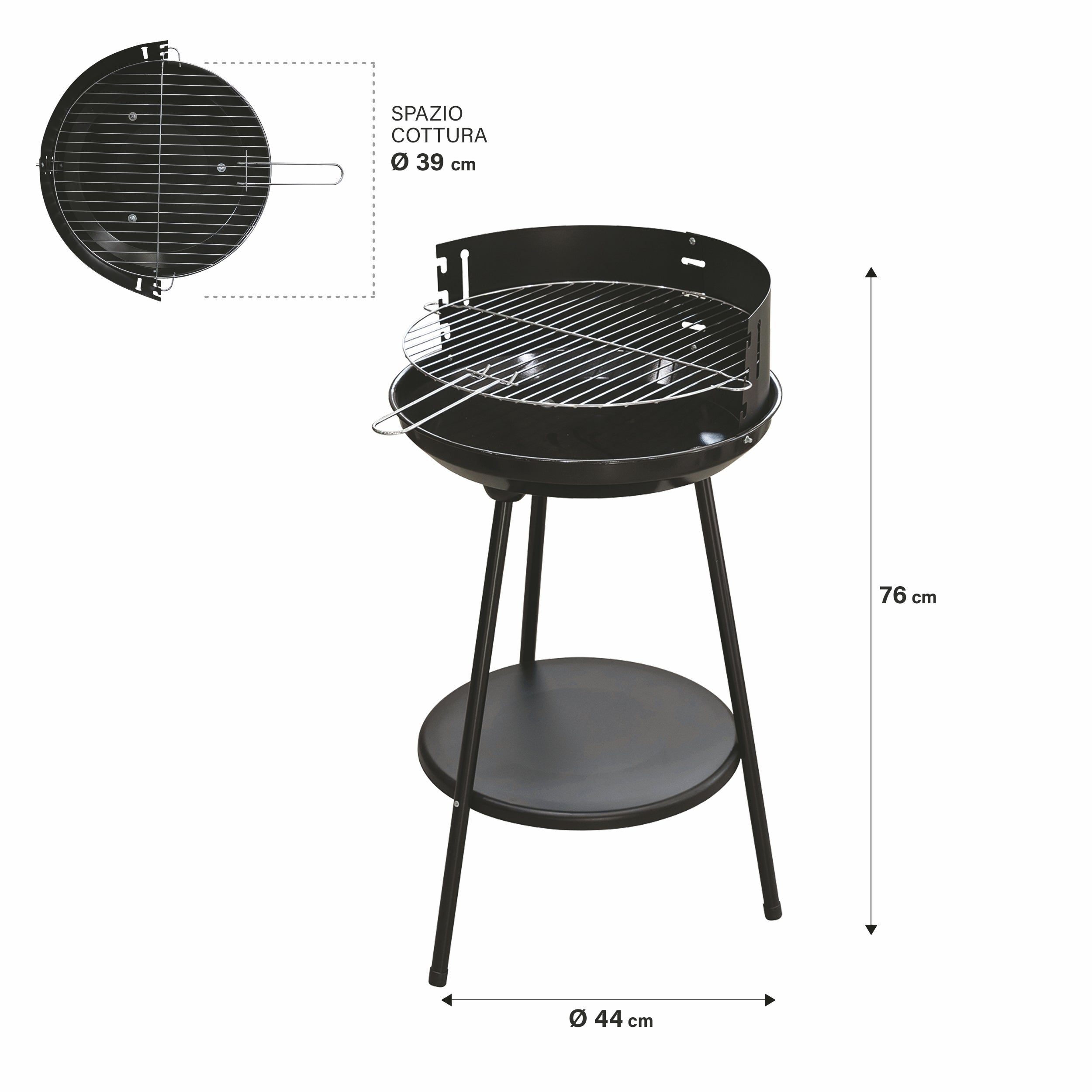 Barbecue tondo griglia in acciaio  struttura in metallo  ripiano