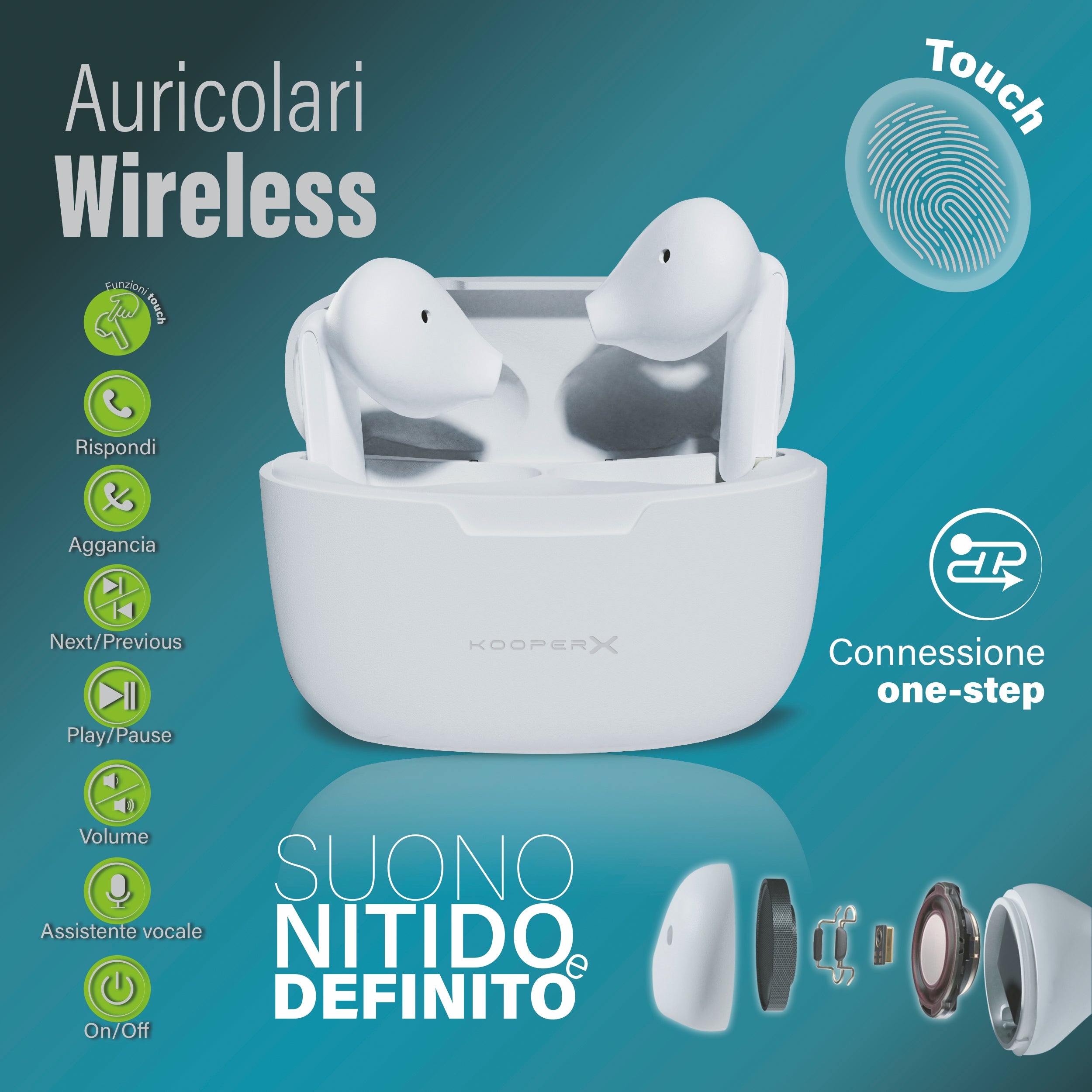 Auricolari wireless con sensori smart e custodia di ricarica