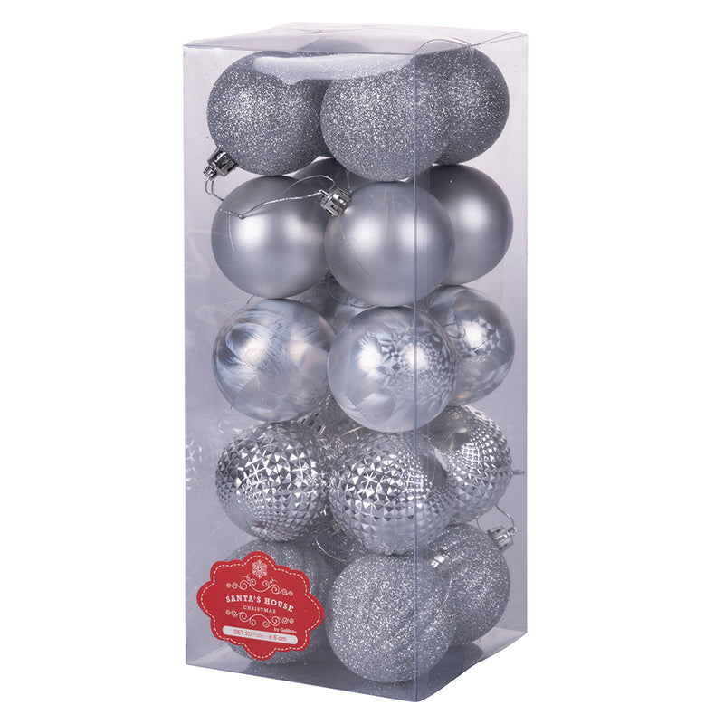 Set 20 palle di Natale assortite diametro 6 cm, lucide, satinate e glitterate, Santa's House