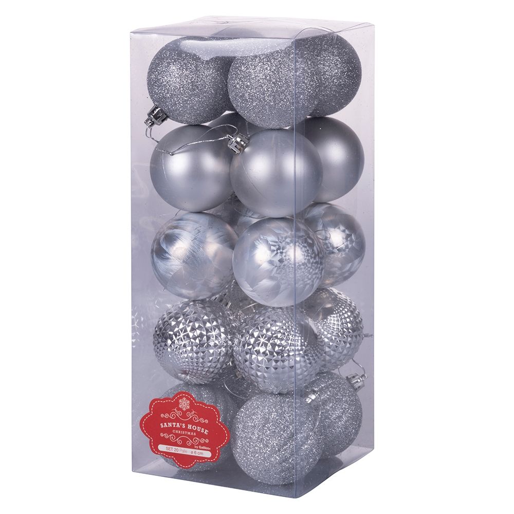 Set 20 palle di Natale assortite diametro 6 cm, lucide, satinate e glitterate, Santa's House