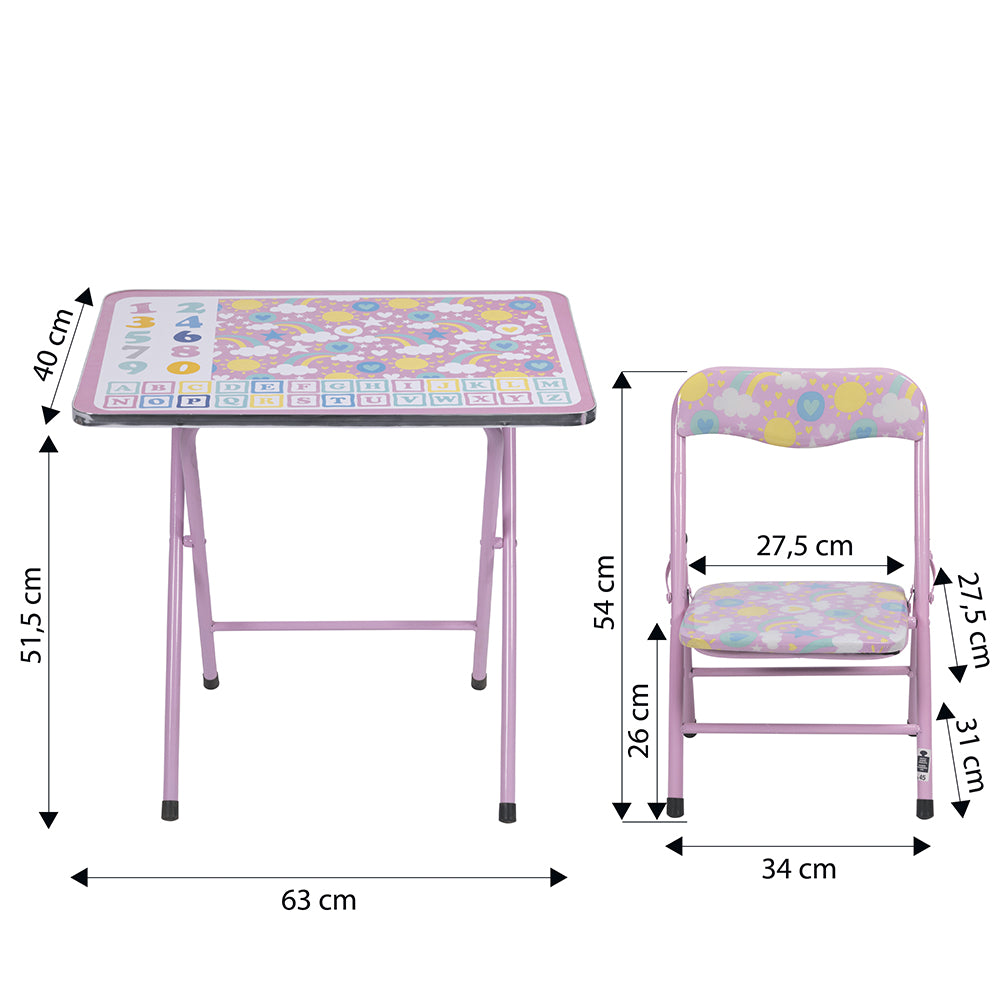 Scrivania set mini tavolo e sedia pieghevoli con struttura in metallo decorato per bambini