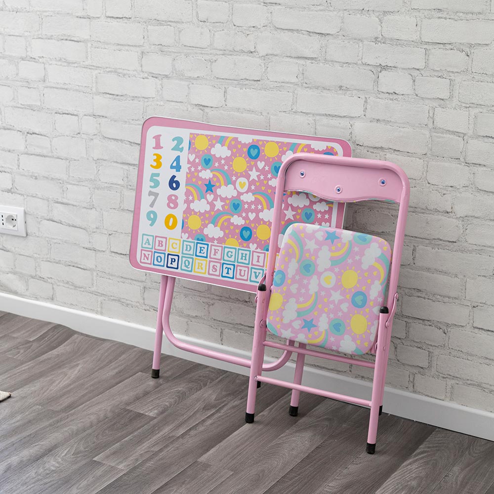 Scrivania set mini tavolo e sedia pieghevoli con struttura in metallo decorato per bambini