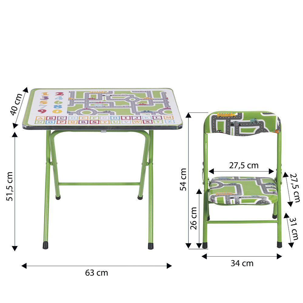 Tavolo per bambini con sedia, struttura in metallo, richiudibile e salvaspazio