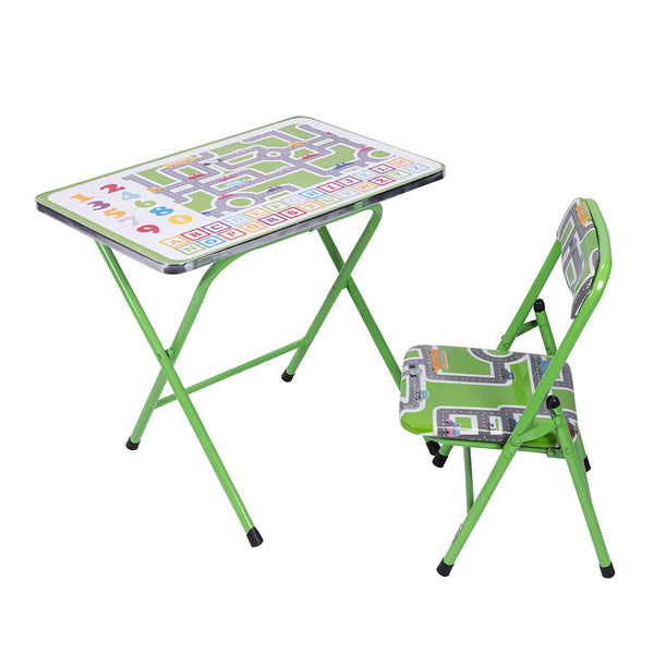 Tavolo per bambini con sedia, struttura in metallo, richiudibile e salvaspazio