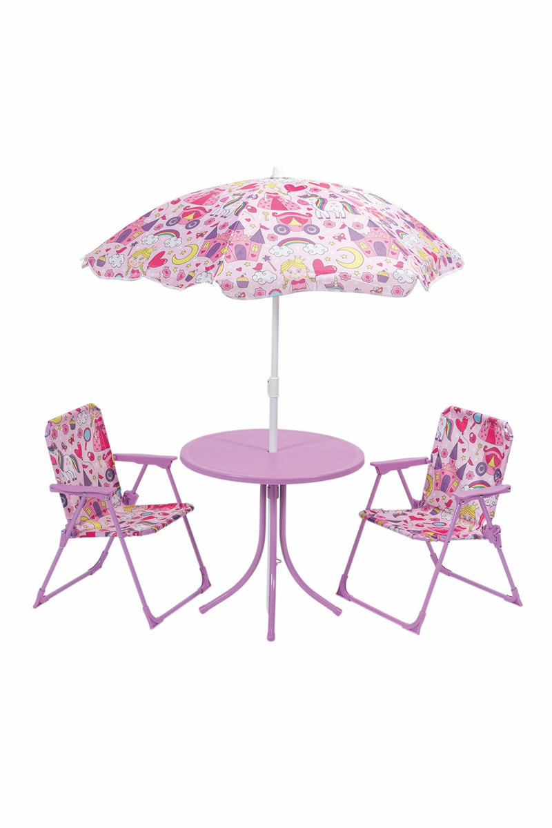 Set bimbo tavolino con ombrello e due sedie struttura in metallo