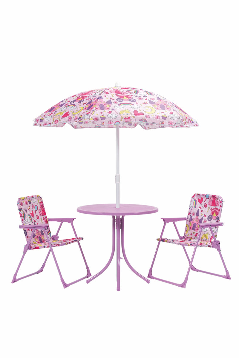 Set bimbo tavolino con ombrello e due sedie struttura in metallo