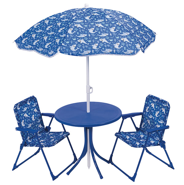 Set da bambini per giardino tavolo con sedie e ombrellone decoro squaletto