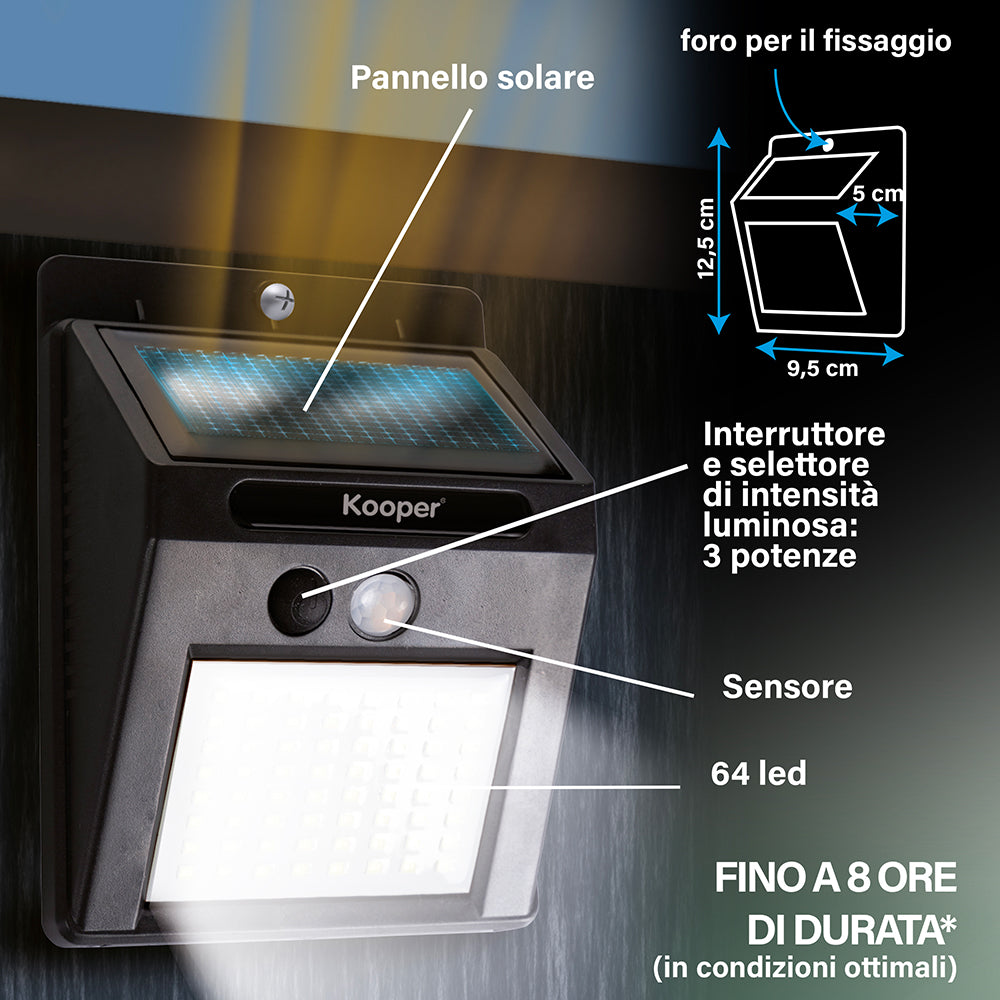 Lampada segnapassi con sensore crepuscolare 64 led e 3 intensità di luminosità, Kooper