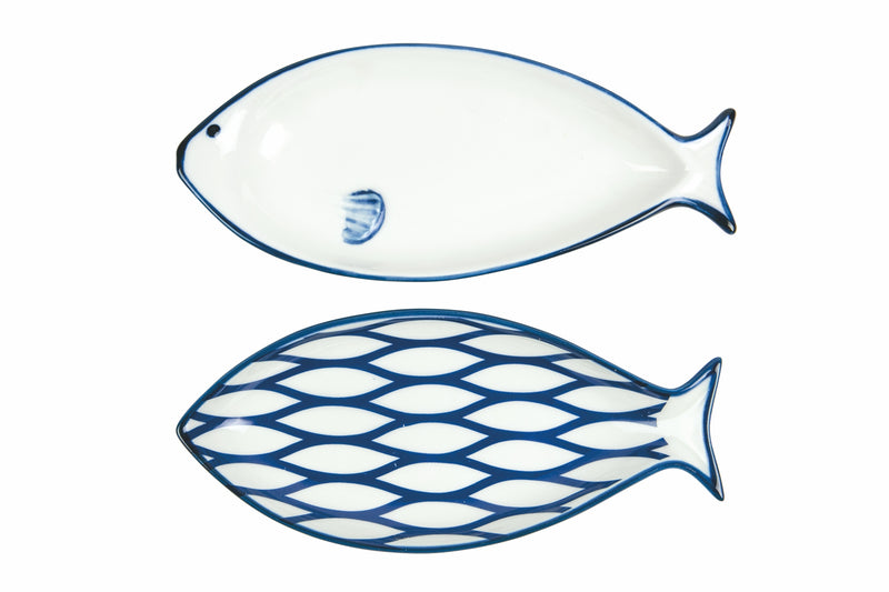 Piatto da portata in porcellana bordatura blu set due piatti Open Fish