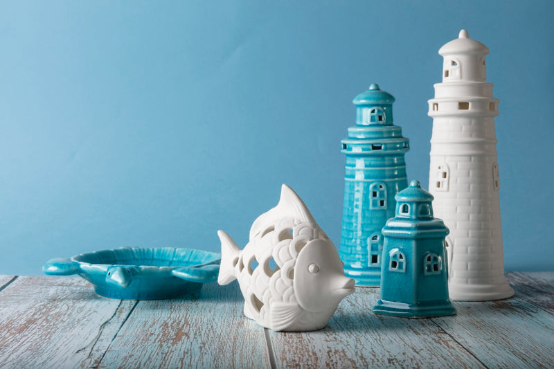 Faro portacandela in ceramica lucida blu 9x19,5 cm Caraibe