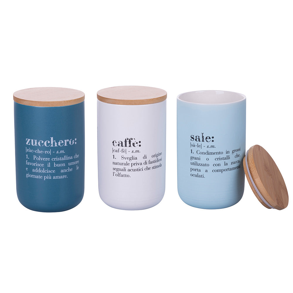 Set 3 barattoli sale, zucchero e caffè 750 ml, in new bone China, coperchio in bamboo,  Victionary Ocean