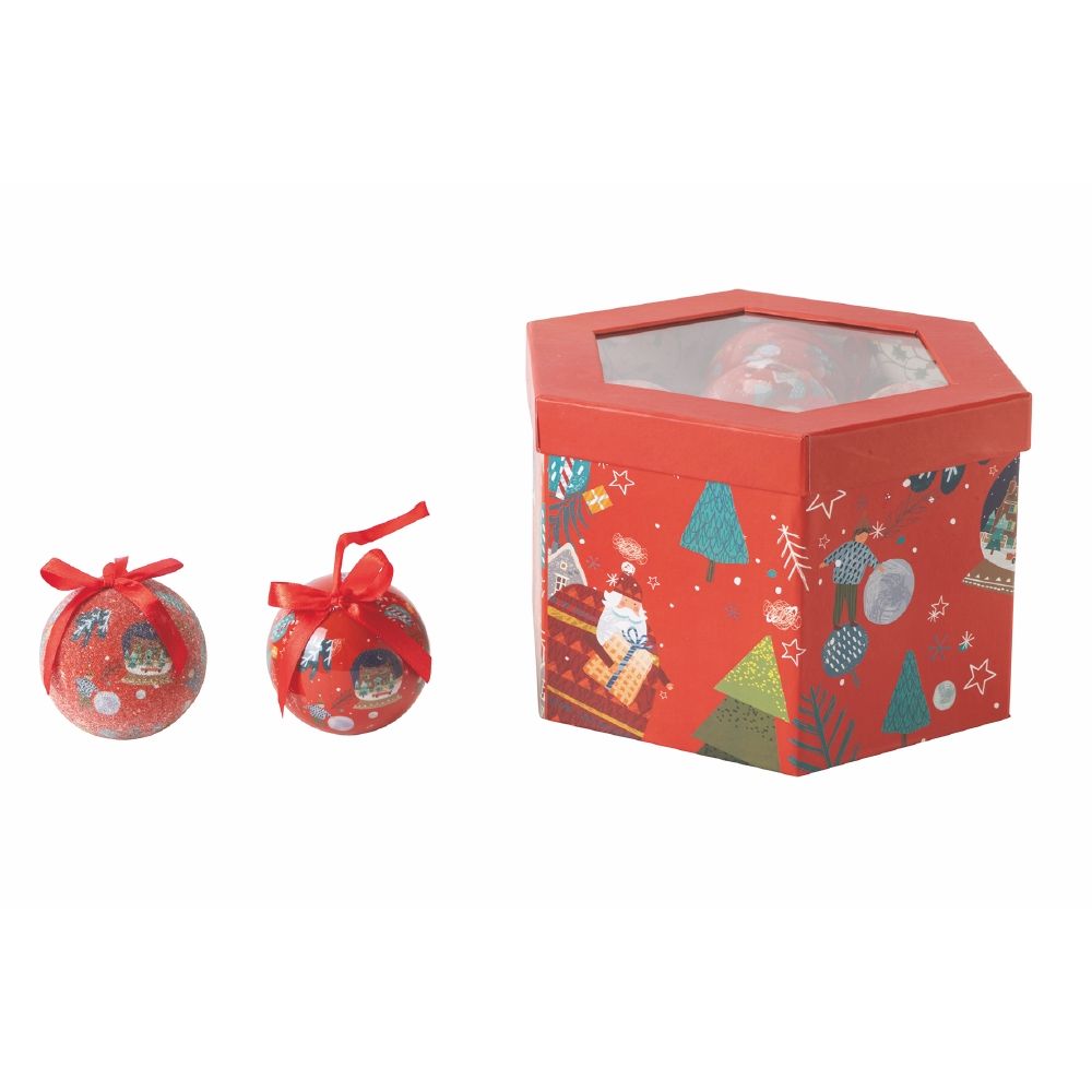 Scatola box 14 palle di Natale con laccetto diametro 7,5 cm, Santa's House