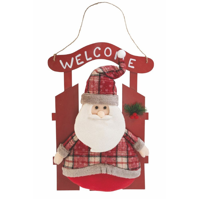 Fuoriporta natalizio Welcome steccato in legno e stoffa h.57 cm, Cortina