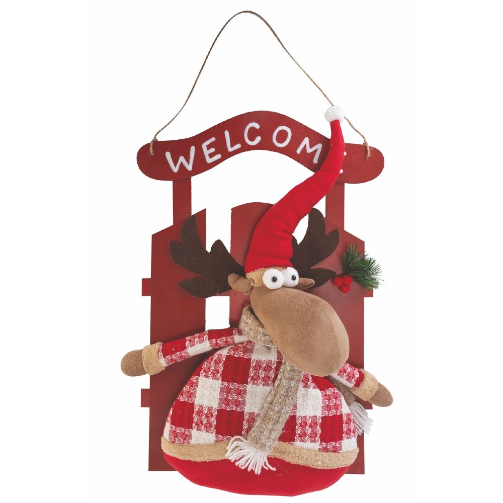 Fuoriporta natalizio Welcome steccato in legno e stoffa h.57 cm, Cortina