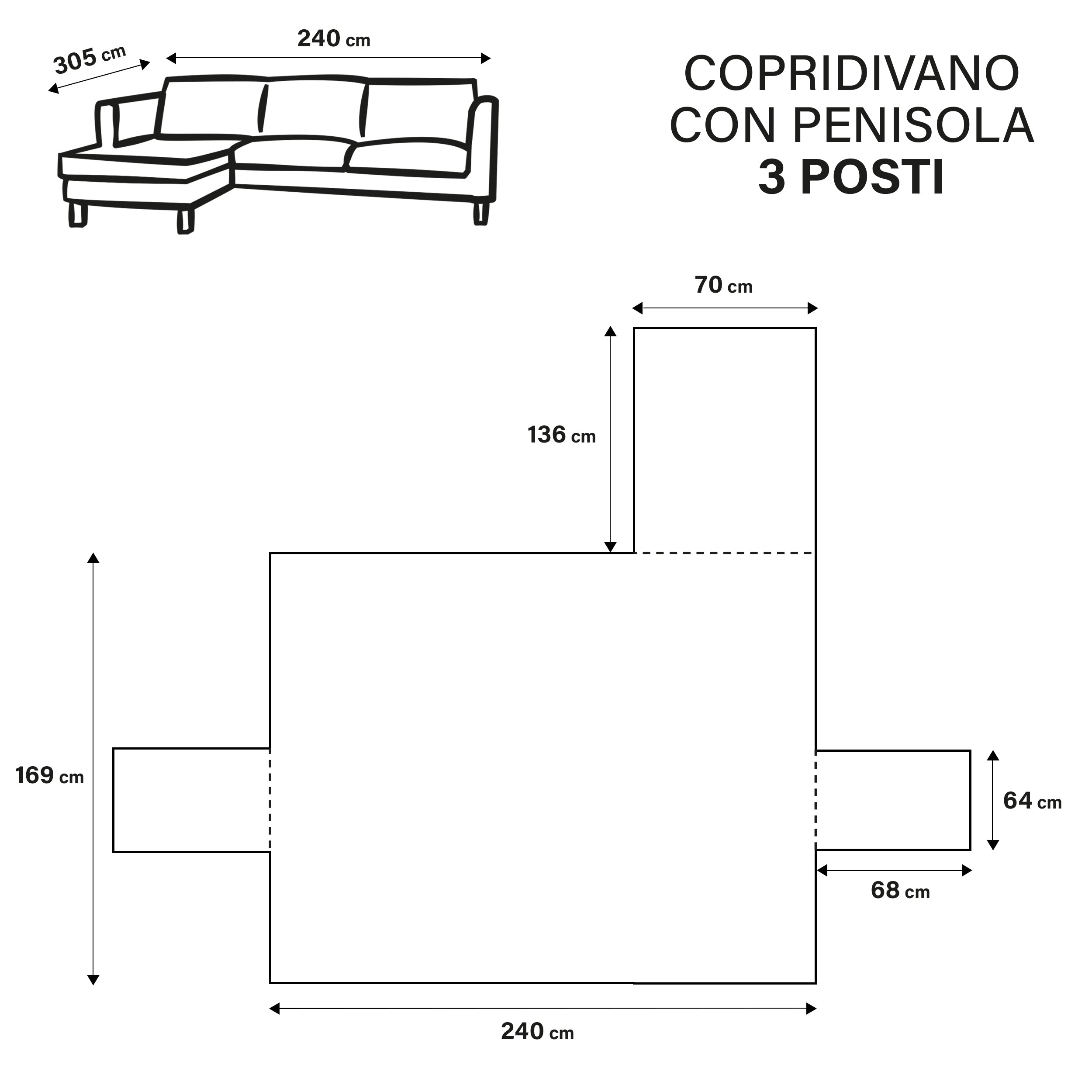 Copridivano 3 posti con penisola, reversibile destra/sinistra, impermeabile antimacchia 240x305 cm