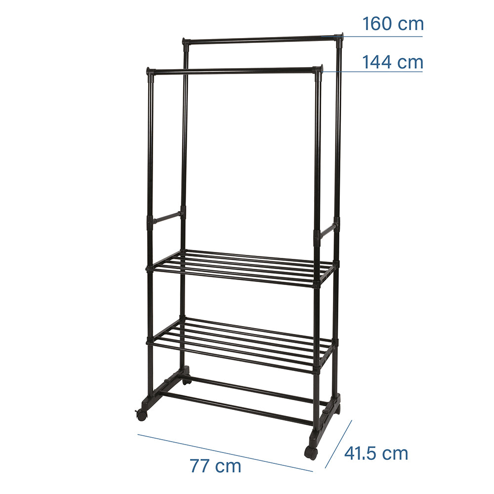 Multistand appendiabiti 2 aste, 4 ruote, 3 ripiani, altezza regolabile fino a 160 cm, Sìordine