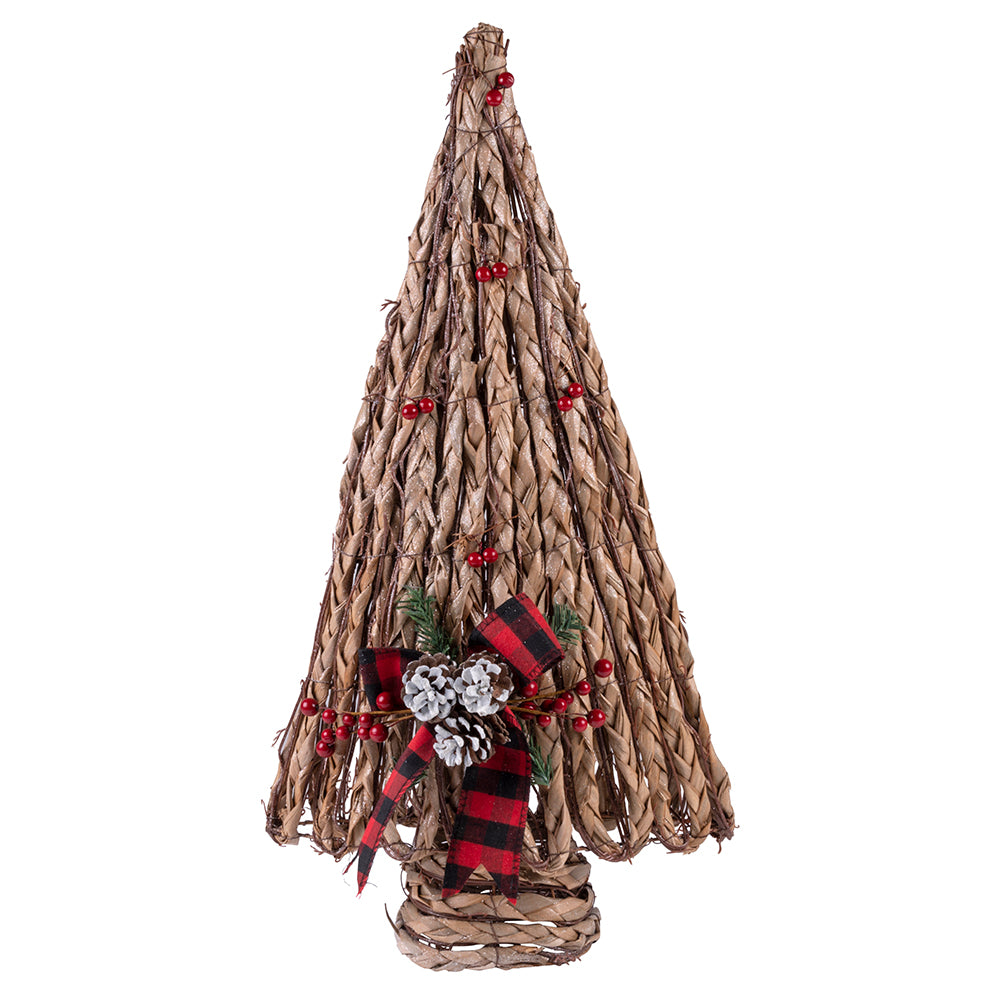 Albero in rattan 60 cm, decoro pigne e bacche, fiocco tartan, Santa's House